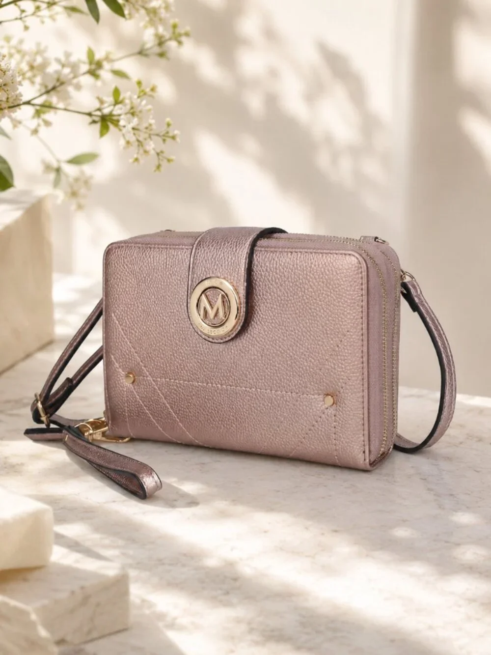 MKF Mia K Rose Gold Smartphone Wallet Crossbody Bag Vegan Leather Phone Purse